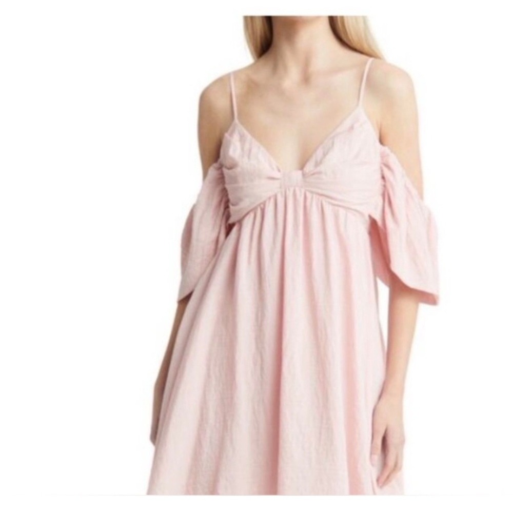 WAYF Pink Cold Shoulder Puff Sleeve Mini Dress 93108WCH Small Cottagecore Boho
